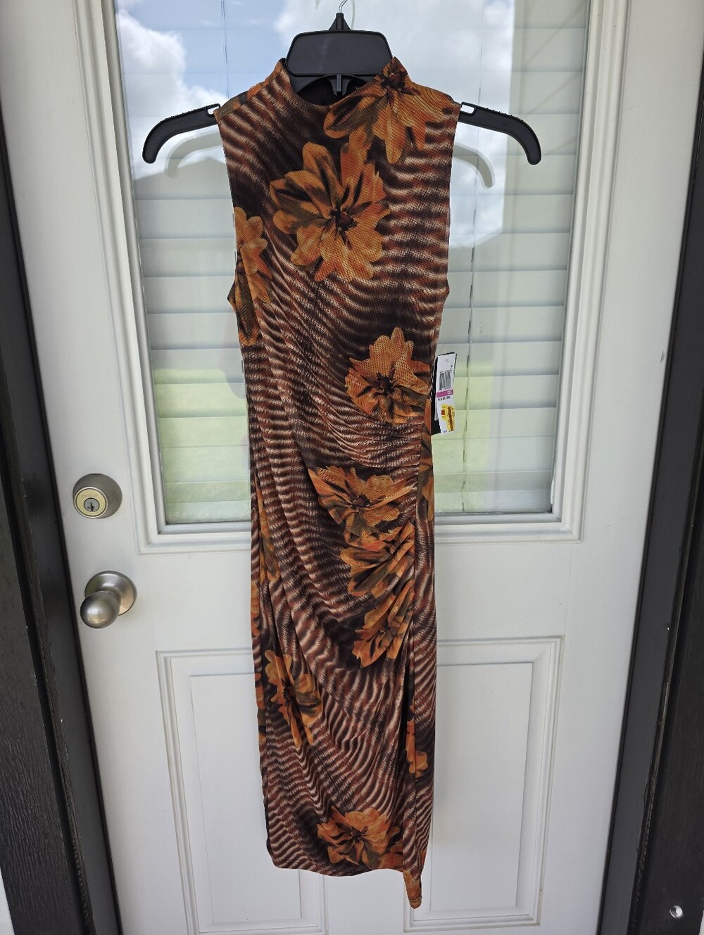 Seni & Code Floral Mesh Midi Dress Women's XXS Brown Orange Ruched Mock Neck NWT